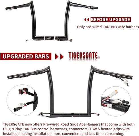 قضبان TIGERSGATE سوداء مسبقة السلك مقاس 14 بوصة Rise Road Glide Meathook Monkey Bars مقاس 1 1/4 بوصة مقود شماعات Ape مصممة لموديلات Harley Road Glide لعام 2016 in Kuwait