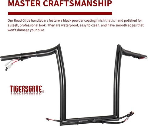 قضبان TIGERSGATE سوداء مسبقة السلك مقاس 14 بوصة Rise Road Glide Meathook Monkey Bars مقاس 1 1/4 بوصة مقود شماعات Ape مصممة لموديلات Harley Road Glide لعام 2016 in Kuwait