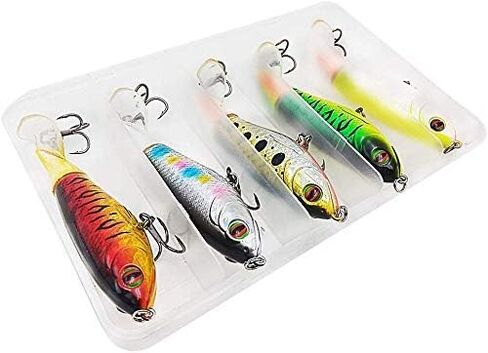 مجموعة طعم GUFIKY مكونة من 5 قطع من طُعم الصيد ووبر بوبر كومبو 5.13 بوصة/0.56 أونصة مع ذيل دوار للباس، وسمك السلمون المرقط، وعين رمادية فاتحة اللون، والبايك والطعوم الصلبة العائمة في المياه العلوية المسكية in Kuwait