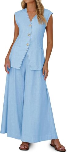 Cicy Bell Womens Summer 2 Piece Outfits Button Front V Neck Vest and High Waisted Wide Leg Pants Sets in Saudi Arabia