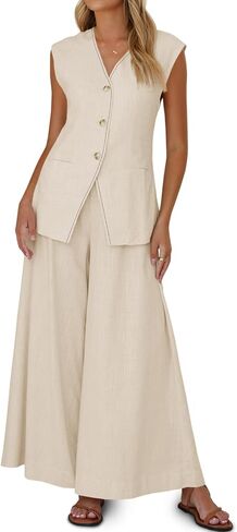 Cicy Bell Womens Summer 2 Piece Outfits Button Front V Neck Vest and High Waisted Wide Leg Pants Sets in Saudi Arabia