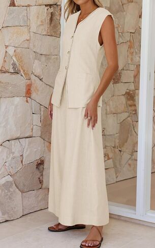 Cicy Bell Womens Summer 2 Piece Outfits Button Front V Neck Vest and High Waisted Wide Leg Pants Sets in Saudi Arabia