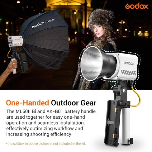 Godox ML60IIBi Bi-Color LED Video Light, 70W 2800K-6500K 22500Lux @1m Continuous LED Light, 11 FX Effects, APP Control, with Godox AK-B01 NP-F Battery Accessory Bracket Handle in Saudi Arabia