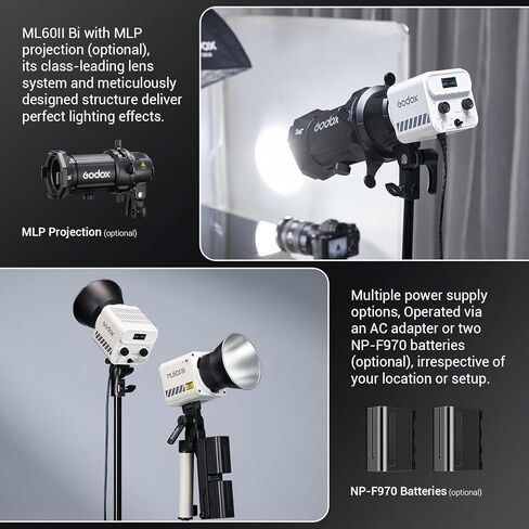 Godox ML60IIBi Bi-Color LED Video Light, 70W 2800K-6500K 22500Lux @1m Continuous LED Light, 11 FX Effects, APP Control, with Godox AK-B01 NP-F Battery Accessory Bracket Handle in Saudi Arabia