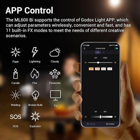 Godox ML60IIBi Bi-Color LED Video Light, 70W 2800K-6500K 22500Lux @1m Continuous LED Light, 11 FX Effects, APP Control, with Godox AK-B01 NP-F Battery Accessory Bracket Handle in Saudi Arabia