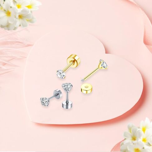 أقراط غضروف تشيكوسلوفاكيا صغيرة 3 مم، أقراط زركونيا مكعبة بمسمار خلفي مسطح، أقراط حلزونية الزنمة لا تسبب الحساسية أقراط برغي خلفية هدية للنساء والفتيات (ذهبي، 4 مم) in Kuwait