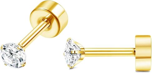 أقراط غضروف تشيكوسلوفاكيا صغيرة 3 مم، أقراط زركونيا مكعبة بمسمار خلفي مسطح، أقراط حلزونية الزنمة لا تسبب الحساسية أقراط برغي خلفية هدية للنساء والفتيات (ذهبي، 4 مم) in Kuwait