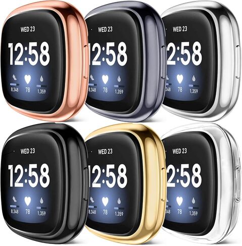 [6 Pack] Compatible with Fitbit Sense/Fitbit Versa 3 Screen Protector Case, Soft TPU Full Around Cover for Fitbit Versa 3 / Sense Smartwatch (Black, Gray, Silver, Rose Gold, Gold, Clear) in Saudi Arabia