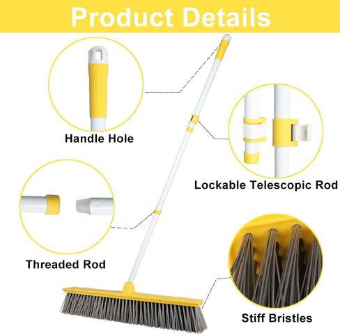 مكنسة الدفع في الهواء الطلق مقاس 18 بوصة لتنظيف الأرضيات، مكنسة شديدة التحمل بمقبض طويل قابل للتعديل مقاس 64 بوصة وشعيرات صلبة، مكنسة المرآب لتنظيف سطح السفينة والفناء والمرآب والممر in Kuwait