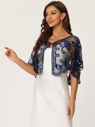 Allegra K Women's 1920s Shawl Wraps Sequin Beaded Bridal Cover Up Evening Cape Flapper Bolero in Saudi Arabia