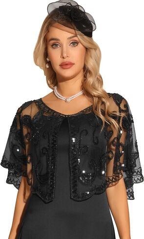 Allegra K Women's 1920s Shawl Wraps Sequin Beaded Bridal Cover Up Evening Cape Flapper Bolero in Saudi Arabia