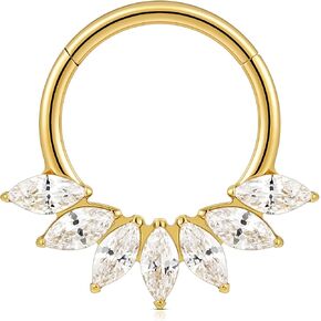 FINE4U Marquise Zircon Titanium Clicker Hoop Collection - 16G 8mm/6mm Gold ASTM F136 Seamless Septum Ring, Daith & Cartilage Earring in Saudi Arabia