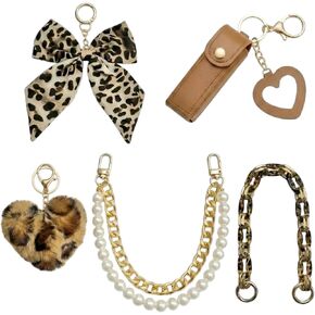 Leopard Print Bag Accessories - 5 Pcs Bow Heart Pom Pom Keychain Charms Lipstick Holder Pearl Chain Decor for Beach Tote Bags Compatible with YETI Bogg Graduation Birthday Gifts for Women in Saudi Arabia