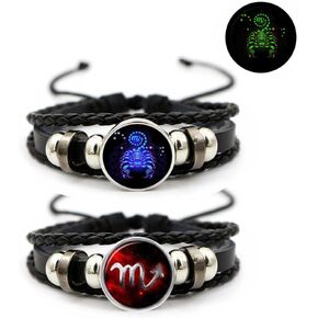 Aktully 2Pcs Multilayer Constellation Zodiac Leather Bracelet Vintage Black Leather Bracelet Adjustable Handmade Woven Bracelet Birthday Jewelry Gift for Women Men in Saudi Arabia