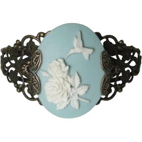 Blue Hummingbird Cameo Antiqued Brass Cuff Bracelet, Nature Bird Lovers in Saudi Arabia