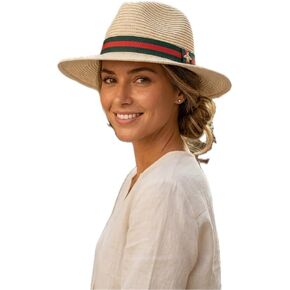 Women's Straw Panama Fedora Sun Hat with Bee Emblem and Striped Band - Breathable Wide Brim Beach Summer Cap in Kuwait