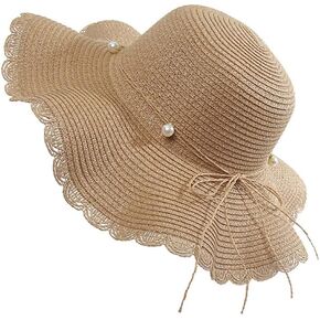 Women's Summer Wave Edge Pearl Bowknot Straw Knitted Hat Holiday Tourism Beach Sunshade Hat Brown Cap in Kuwait