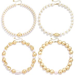 BOMAIL 4Pcs Chunky Imitation Pearl Necklaces for Women Layered Choker Set | Chunky Gold Bead Faux Pearl Beaded Necklaces Irregular Pearl Beaded Necklace for Summer Beach Daily Wearing Jewelry Gifts in Saudi Arabia