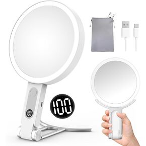 Travel Makeup Mirror with Lights, 1X/20X Magnifying Lighted Makeup Mirror with LED Display ,2-Sided Rechargeable Beauty Mirror with 3 Color Lights & Touch Control, Adjustable Vanity Mirror for Women in Saudi Arabia