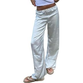 Satin Wide Leg Pants for Women Dressy Silky Flowy Beach Palazzo Pants Casual Elastic Waist Trousers with Drawstring in Saudi Arabia