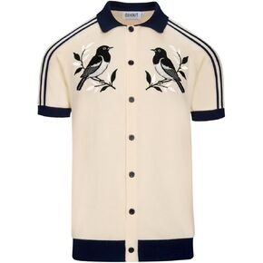 OXKNIT Men's Knit Short Sleeve Shirts Button Down Vintage Embroidery Bird Pattern Beige Knitted Polo Shirt Knitwear in Saudi Arabia