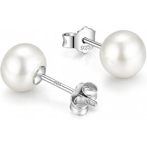 White Gold Plated Solid Sterling Silver White Button Pearl Earrings, 5A+ Grade Handpicked Freshwater Pearl Stud Earrings for Women, 3-11mm, Gift for Women in Kuwait
