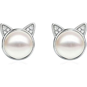 Cat Earrings Sterling Silver Studs Cats Earrings Kitten Jewelry Gifts for Women Pet Lovers, White Pearl Cat Head Earring in Saudi Arabia