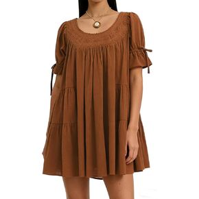 Women Puff Sleeve Babydoll Mini Dress Y2K Lace Trim Ruffle Flowy Dresses Summer Loose Swing Going Out Sundresses in Saudi Arabia
