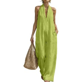 Linen Jumpsuits for Women Casual Dressy Wide Leg Jumpsuits Sleeveless V Neck Halter Jumpsuit Beach Vacation Outfits in Saudi Arabia