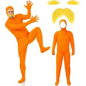 Orange Stretchy Halloween Bodysuit, Unisex Adult Cosplay Jumpsuit with Mustache & Eyebrows, Party Costume, 4 Sizes in Saudi Arabia