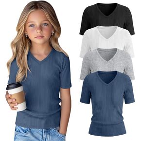 4 Pack Girls Short Sleeve Tops V Neck Slim Fit Ribbed Knit Shirts Basic Casual Solid Summer Cute Tees 5-14 Years in Saudi Arabia