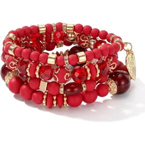 4 Pcs Boho Red Bracelet for Women Stackable Beaded Bracelets Set with Crystal and Gold Accessories Stretch Bead Bracelets Multi-Layer Boho Jewelry for Holiday Gift in Saudi Arabia