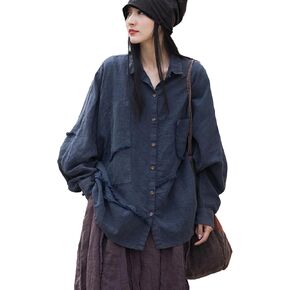 LUZU JUNU Women Loose Fit Shirt Long Sleeve Distressed Frayed Patchwork Irregular Button Down Casual Loose Tunic Tops (as1, Alpha, one_Size, Regular, Regular, Navy) in Saudi Arabia