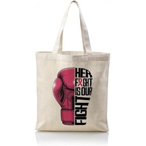 Pink Boxing Glove Breast Cancer Awareness Canvas Tote Bag, Survivor Warrior Support Reusable Shopping Bag, Inspirational Handbag for Travel Beach Shopping Work in Saudi Arabia