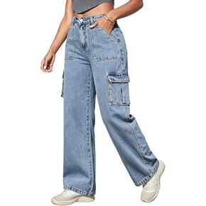 Womens Plus Size Cargo Jeans Women Stretch Straight Leg Jean High Waist Wide Leg Baggy Boyfriend Jeans in Saudi Arabia