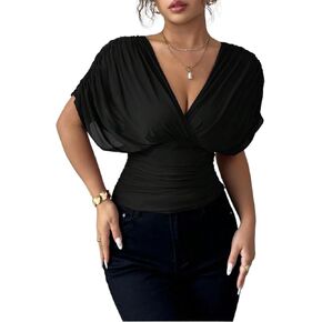 Women's Sexy Mesh Sheer Tops Ruched Short Sleeve V Neck Tie Back Cinched Waist Casual Going Out Party Club T Shirt in Saudi Arabia