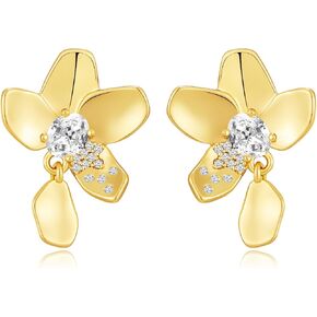 14K Gold Filled Silver Stud Plumeria Flower Earrings for Women, Hawaiian Jewelry Cubic Zirconia Stud Earrings, Hypoallergenic Gold Flower Earrings for Wedding, Vacation, Graduation Gift in Saudi Arabia