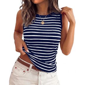 Womens Summer Tops 2026 Spring Tank Tops Ribbed Knit Stripes Shirt Soft Sleeveless Top Casual Bodycon Side Ruched High Neck Fashion Clothing Resort Wear Navy White M in Kuwait