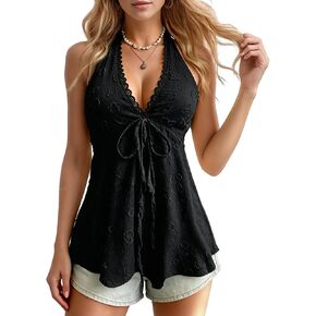 Women's Halter Lace Trim Babydoll Tank Tops, Sleeveless V Neck Backless Tank Summer Tie Front Y2K Camisole in Saudi Arabia