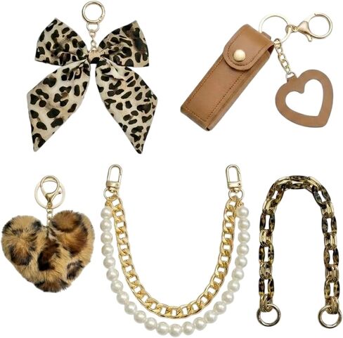 Leopard Print Bag Accessories - 5 Pcs Bow Heart Pom Pom Keychain Charms Lipstick Holder Pearl Chain Decor for Beach Tote Bags Compatible with YETI Bogg Graduation Birthday Gifts for Women in Saudi Arabia
