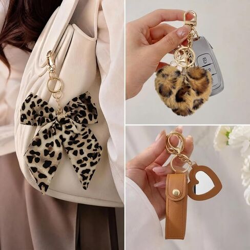 Leopard Print Bag Accessories - 5 Pcs Bow Heart Pom Pom Keychain Charms Lipstick Holder Pearl Chain Decor for Beach Tote Bags Compatible with YETI Bogg Graduation Birthday Gifts for Women in Saudi Arabia