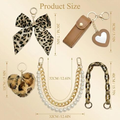 Leopard Print Bag Accessories - 5 Pcs Bow Heart Pom Pom Keychain Charms Lipstick Holder Pearl Chain Decor for Beach Tote Bags Compatible with YETI Bogg Graduation Birthday Gifts for Women in Saudi Arabia