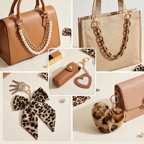 Leopard Print Bag Accessories - 5 Pcs Bow Heart Pom Pom Keychain Charms Lipstick Holder Pearl Chain Decor for Beach Tote Bags Compatible with YETI Bogg Graduation Birthday Gifts for Women in Saudi Arabia