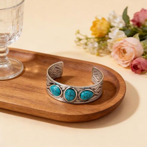 Western Turquoise Cuff Bracelet for Women, Silver-Tone Concho Boho Bracelet Southwestern Jewelry Adjustable Western Bangle for Rodeo Country Outfit Gifts in Saudi Arabia