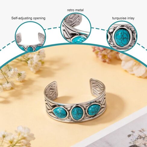 Western Turquoise Cuff Bracelet for Women, Silver-Tone Concho Boho Bracelet Southwestern Jewelry Adjustable Western Bangle for Rodeo Country Outfit Gifts in Saudi Arabia