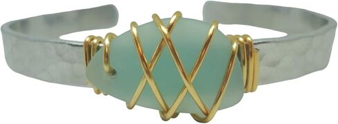 Sea Glass Cuff Bracelet-Gold and Silver Handmade Wire Wrapped Beach Glass Bangle-Mixed Metal Sea Glass Beach Bracelet in Saudi Arabia