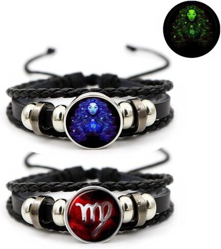 Aktully 2Pcs Multilayer Constellation Zodiac Leather Bracelet Vintage Black Leather Bracelet Adjustable Handmade Woven Bracelet Birthday Jewelry Gift for Women Men in Saudi Arabia
