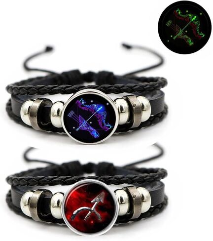 Aktully 2Pcs Multilayer Constellation Zodiac Leather Bracelet Vintage Black Leather Bracelet Adjustable Handmade Woven Bracelet Birthday Jewelry Gift for Women Men in Saudi Arabia