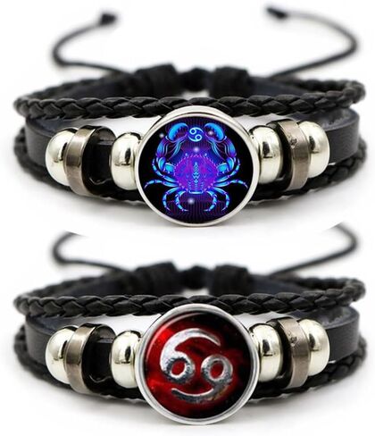 Aktully 2Pcs Multilayer Constellation Zodiac Leather Bracelet Vintage Black Leather Bracelet Adjustable Handmade Woven Bracelet Birthday Jewelry Gift for Women Men in Saudi Arabia