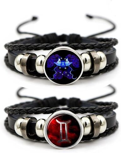Aktully 2Pcs Multilayer Constellation Zodiac Leather Bracelet Vintage Black Leather Bracelet Adjustable Handmade Woven Bracelet Birthday Jewelry Gift for Women Men in Saudi Arabia